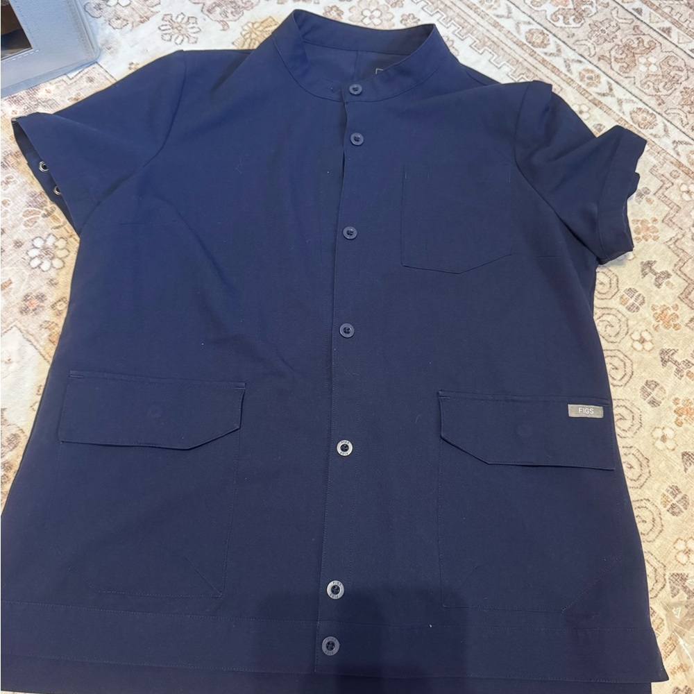 Figs Navy Short Sleeve Button Front scrub top